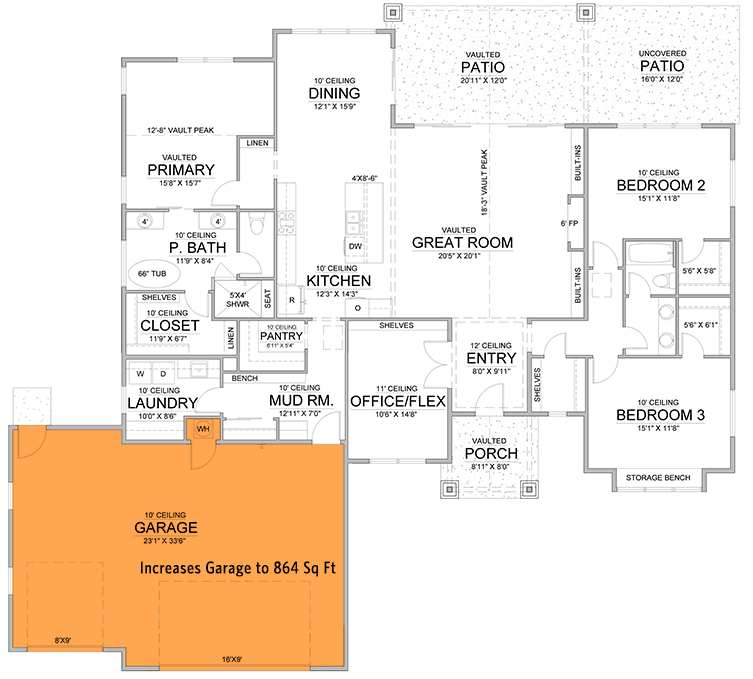 Plan 365061PED: 3-Bedroom Mountain Craftsman House Plan with Home Office or Flex Room - 2500 Sq Ft - Floor Plan - Main Level - Front Garage Option ($ Paid Option) - Craftsman, Mountain