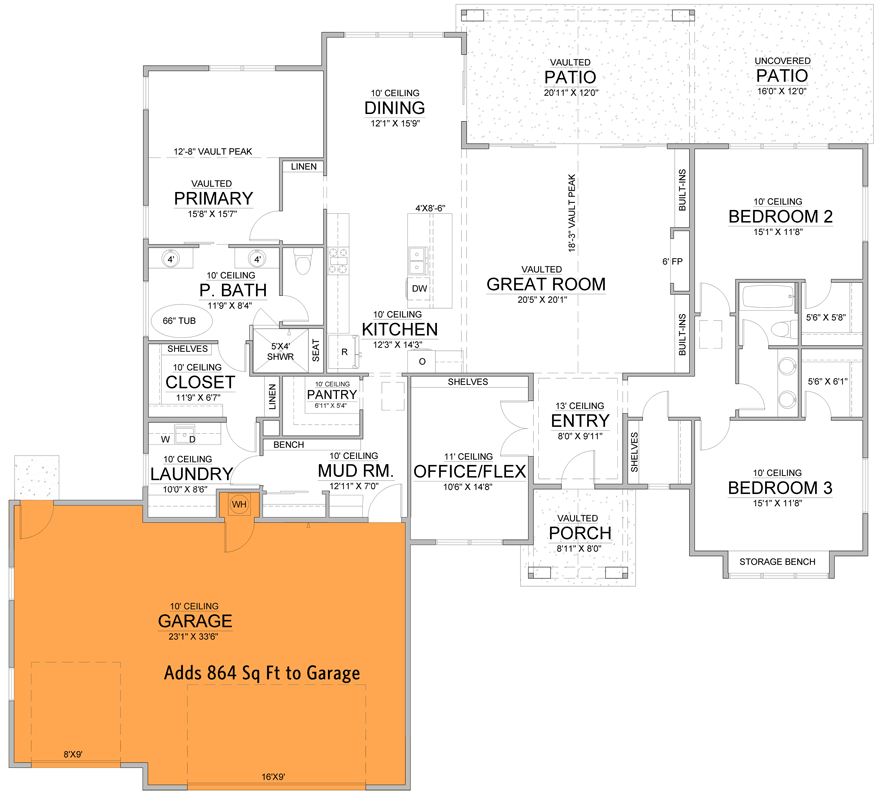 Plan 365062PED: 3-Bed Transitional House Plan with Vaulted Great Room and Flex Room - 2500 Sq Ft - Floor Plan - Main Level - Front Garage Option ($ Paid Option) - Transitional