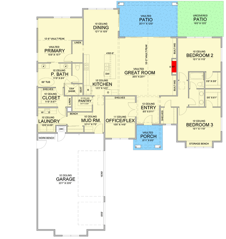 Plan 365062PED: 3-Bed Transitional House Plan with Vaulted Great Room and Flex Room - 2500 Sq Ft - Floor Plan - Main Level - Transitional