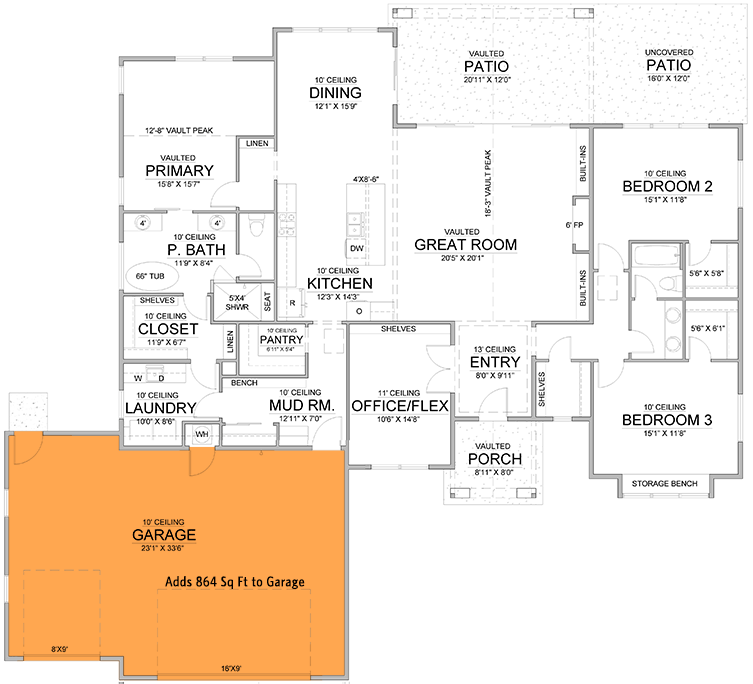 Plan 365063PED: 3 or 5 Bed Tudor-Style House Plan with Main Floor Master and Laundry Access - 2500 Sq Ft - Floor Plan - Main Level - Front Garage Option ($ Paid Option) - Transitional