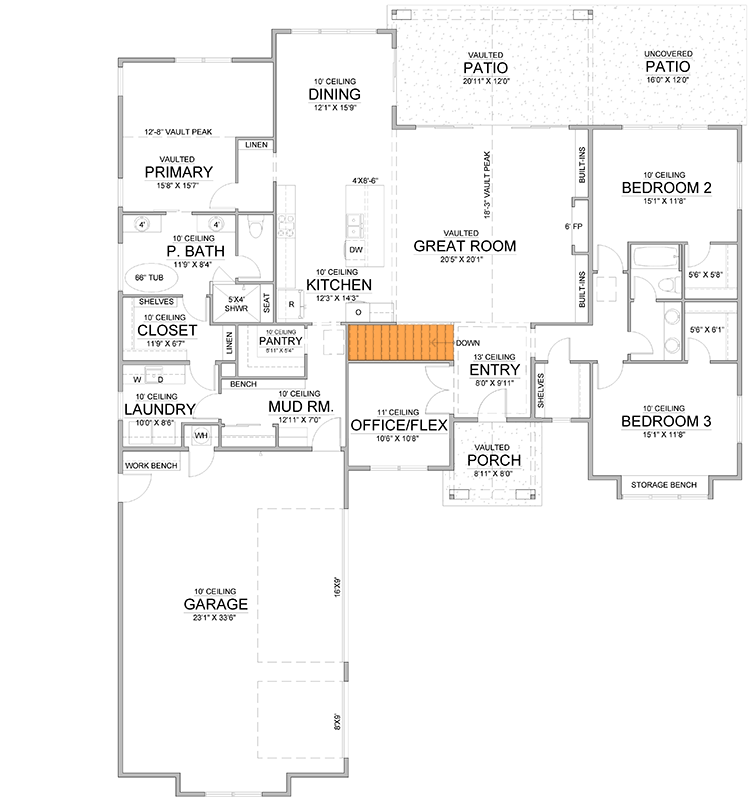 Plan 365063PED: 3 or 5 Bed Tudor-Style House Plan with Main Floor Master and Laundry Access - 2500 Sq Ft - Floor Plan - Main Level - Basement Stairs Location - Transitional