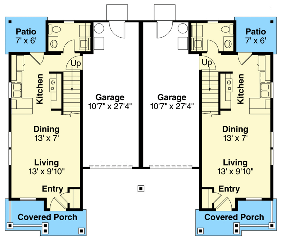 Plan 720114DA: Two-Story 2-Bed Craftsman Duplex House Plan with Each Unit Under 900 sq Ft - Floor Plan - Main Level - Craftsman, New American, Traditional