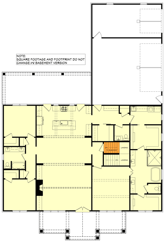 Plan 52004HZ: Charming 3-Bed Farmhouse Plan with Open Concept Living Space - 2400 Sq Ft - Floor Plan - Basement Stairs Location - Country, Farmhouse, Transitional