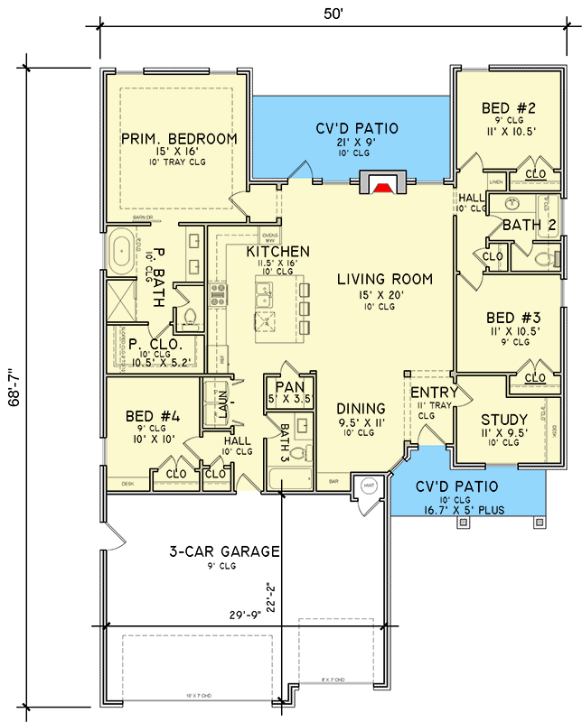Plan 302006PSK: 4-Bedroom Modern Ranch House Plan with Study and Dual Covered Patios - Floor Plan - Main Level - Modern, Ranch