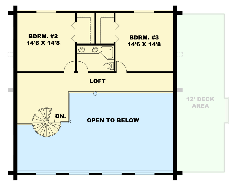 Plan 350127GH: 3-Bed Log Cabin Plan with Mezzanine and Spacious Outdoor Deck - 2519 Sq Ft - Floor Plan - Upper Level - Log Cabin, Mountain