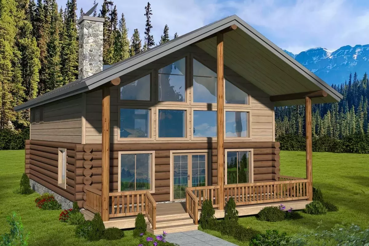 3-Bed Log Cabin Plan with Vaulted Ceiling - 1872 Sq Ft
