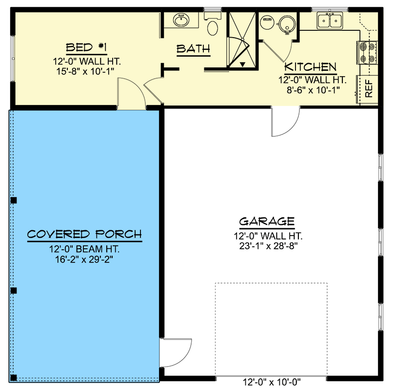 Plan 135358GRA: Charming 1-Bedroom Garage Apartment Plan with Covered Porch - Floor Plan - Main Level - Traditional