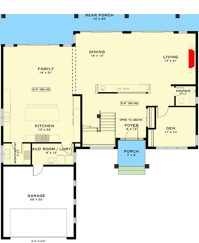 Plan 147036RML: 4-Bedroom Two-Story Contemporary House Plan with Mudroom and Covered Rear Porch - Floor Plan - Main Level - Contemporary, Prairie