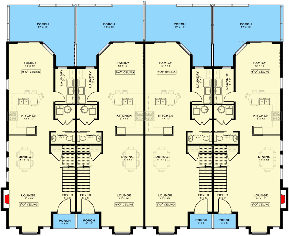 Plan 147038RML: Two-Story Contemporary Fourplex Plan with 1900 Sq Ft Units - Floor Plan - Main Level - Contemporary