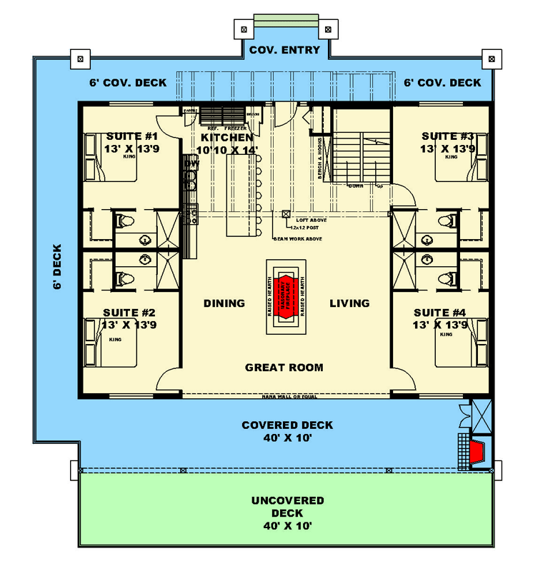 Plan 350134GH: Spacious Mountain Lodge with Loft Bunk Room and Wraparound Decks - Floor Plan - Main Level - Log Cabin, Mountain, Rustic