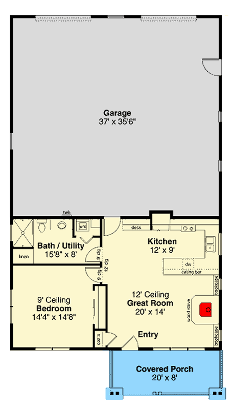 Plan 720115DA: Single-Story Craftsman Home with Oversized Garage and Open Layout - 916 Sq Ft - Floor Plan - Main Level - Cottage, Country, Craftsman