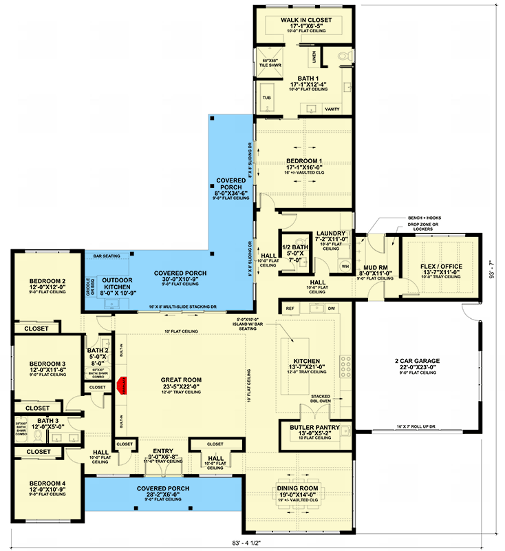 Plan 421023HFC: Contemporary Ranch Home with 4 Bedrooms and Farmhouse-Inspired Charm - Floor Plan - Main Level - Contemporary, Modern Farmhouse, New American, Ranch