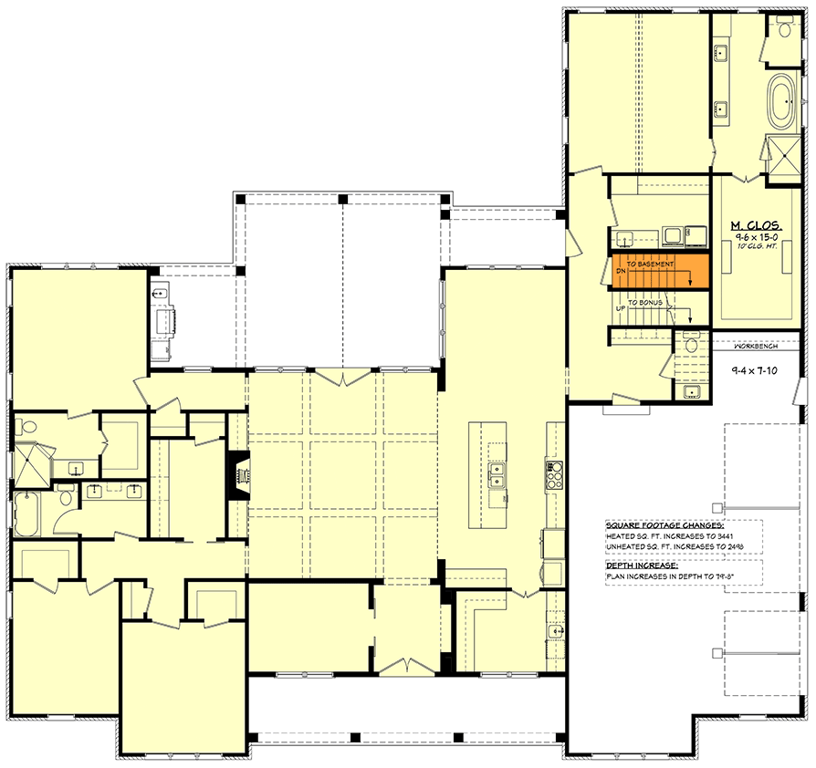 Plan 52006HZ: 4-Bed Modern Farmhouse Plan with Optionally Finished Bonus Room Above - 3354 Sq Ft - Floor Plan - Basement Stairs Location - Country, Modern Farmhouse, New American
