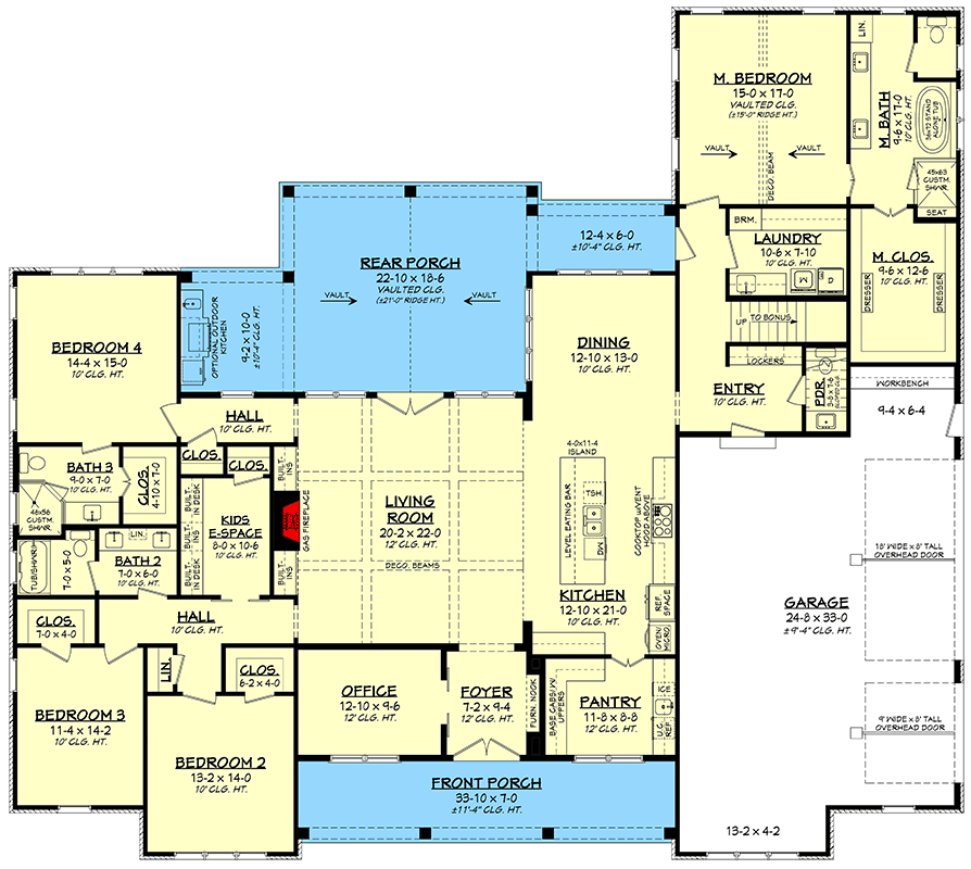 Plan 52006HZ: 4-Bed Modern Farmhouse Plan with Optionally Finished Bonus Room Above - 3354 Sq Ft - Floor Plan - Main Level - Country, Modern Farmhouse, New American