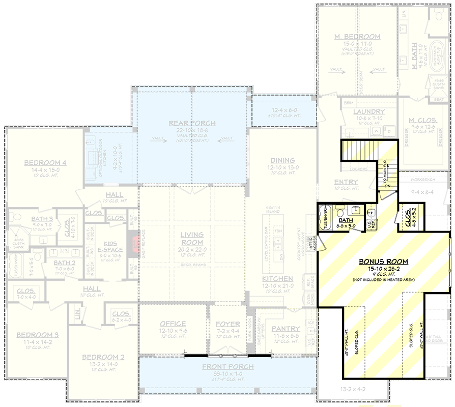 Plan 52006HZ: 4-Bed Modern Farmhouse Plan with Optionally Finished Bonus Room Above - 3354 Sq Ft - Floor Plan - Bonus Level - Country, Modern Farmhouse, New American