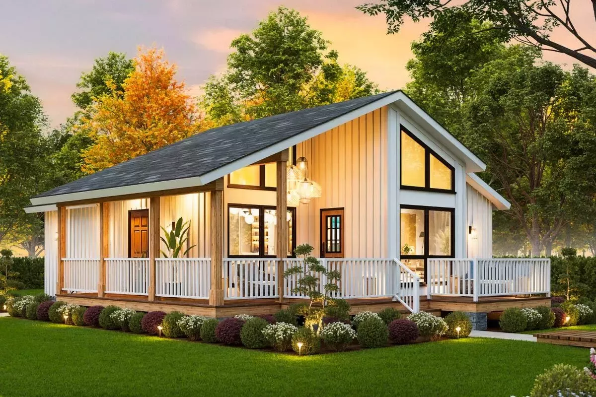 2 Bed Lake House Plan with Vaulted Ceilings and Wraparound Porch - 922 Sq Ft