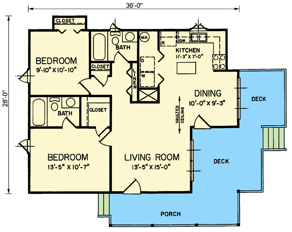 Plan 25889GE: 2 Bed Lake House Plan with Vaulted Ceilings and Wraparound Porch - 922 Sq Ft - Floor Plan - Main Level - Traditional