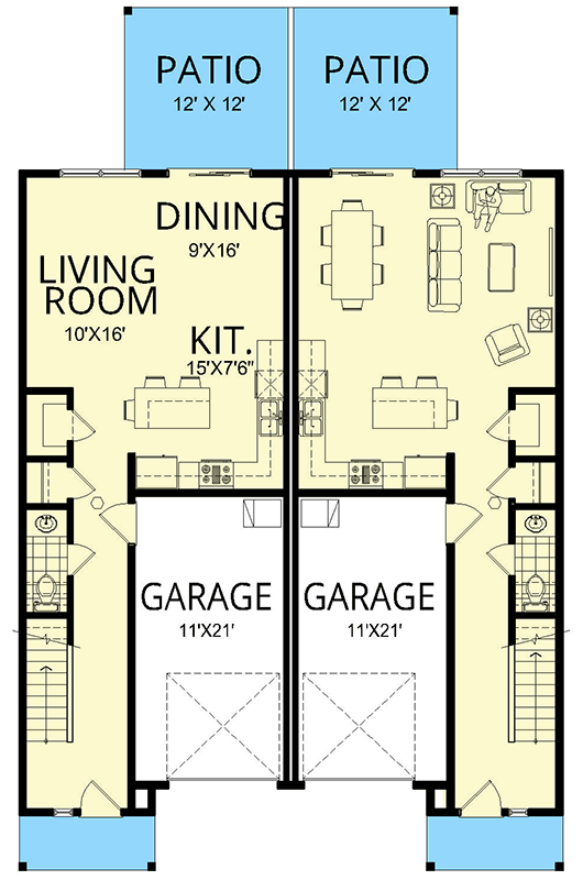 Plan 267087SPK: Two-Story Contemporary Duplex House Plan with 3 Beds Each Unit Under 1500 Sq Ft - Floor Plan - Main Level - Contemporary, Modern