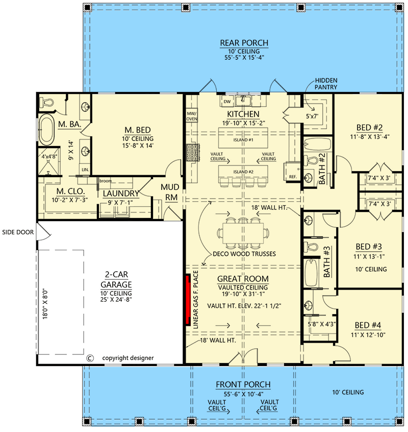 Plan 56557SM: Barndo-Style Modern Farmhouse Plan with 4-Beds, 3-Baths and 2 Car Side-Entry Garage - Floor Plan - Main Level - Barndominium, Country, Craftsman, Modern Farmhouse, Ranch