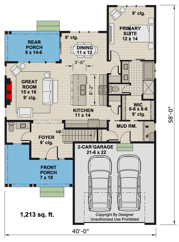 Plan 140008RK: Two-Story 3-Bedroom Country House Plan with Upstairs Loft - Floor Plan - Main Level - Country, Traditional