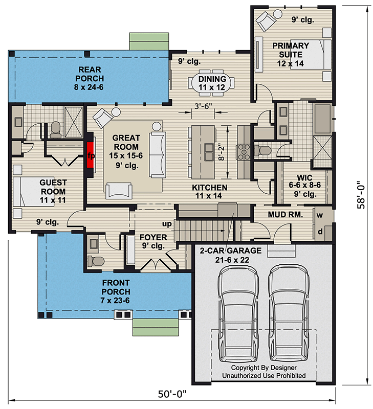 Plan 140021RK: Craftsman House Plan: 5 Beds, Bonus Room, and Dual Porches - Floor Plan - Main Level - Craftsman, New American, Traditional