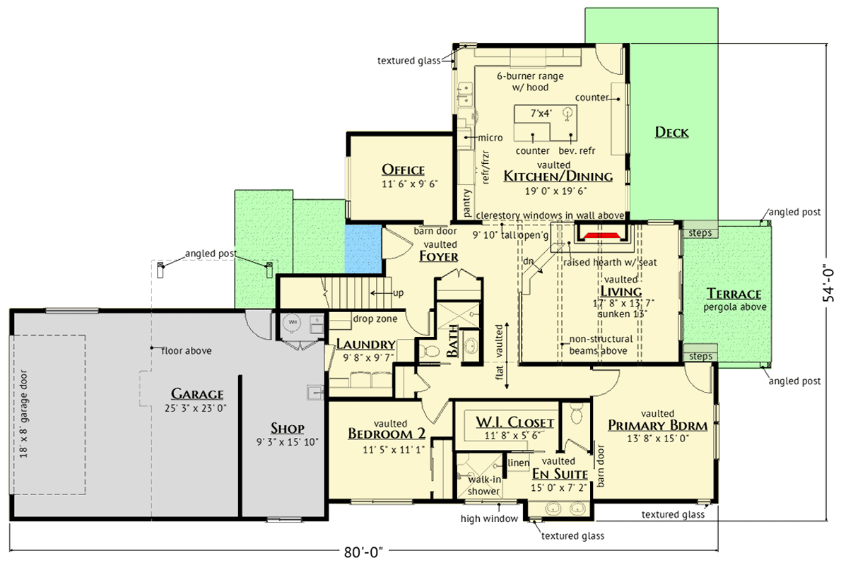 Plan 180019VNW: Modern Mountain House Plan with Vaulted Ceilings and Private Guest Room - Floor Plan - Main Level - Modern, Mountain