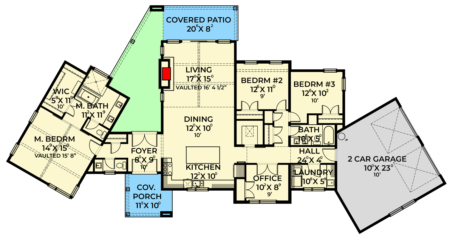 Plan 280239JWD: Transitional Modern Farmhouse with Angled Garage and Vaulted Living Room - Floor Plan - Main Level - Modern Farmhouse, Transitional