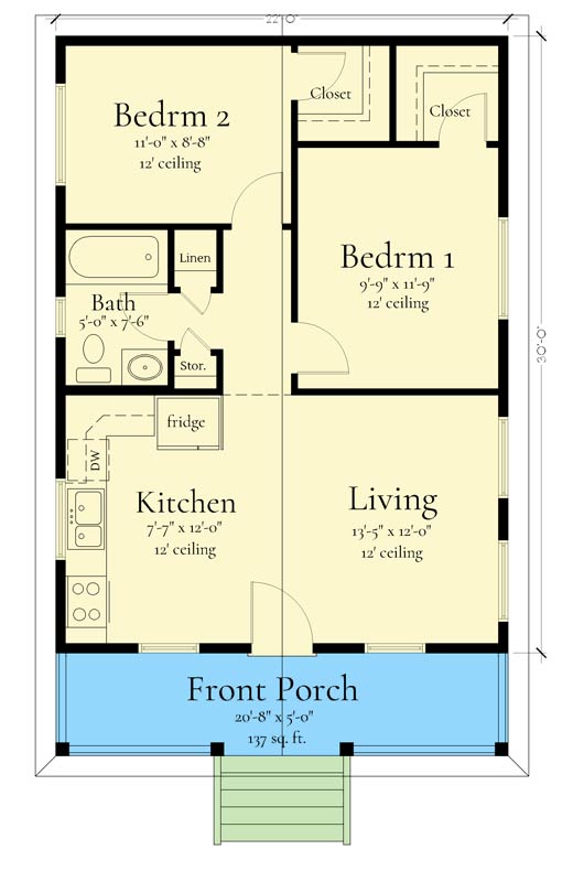 Plan 833076WAT: Charming 2-Bed Cottage with Front Porch and 12 Ceilings - Floor Plan - Main Level - Cottage