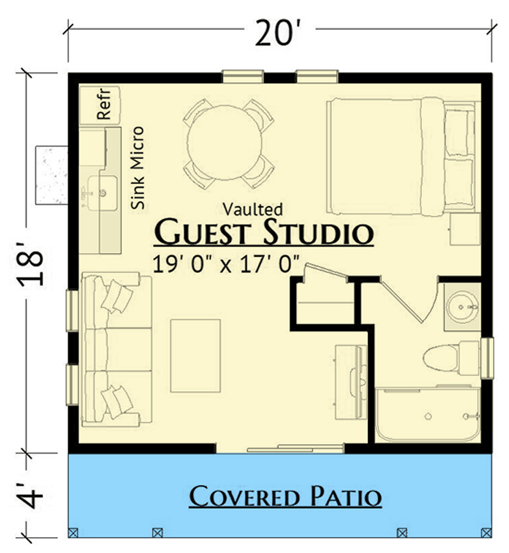 Plan 180020VNW: Sleek Modern Guest Studio Granny Pod Plan with Vaulted Ceilings and Covered Patio - Floor Plan - Main Level - Modern