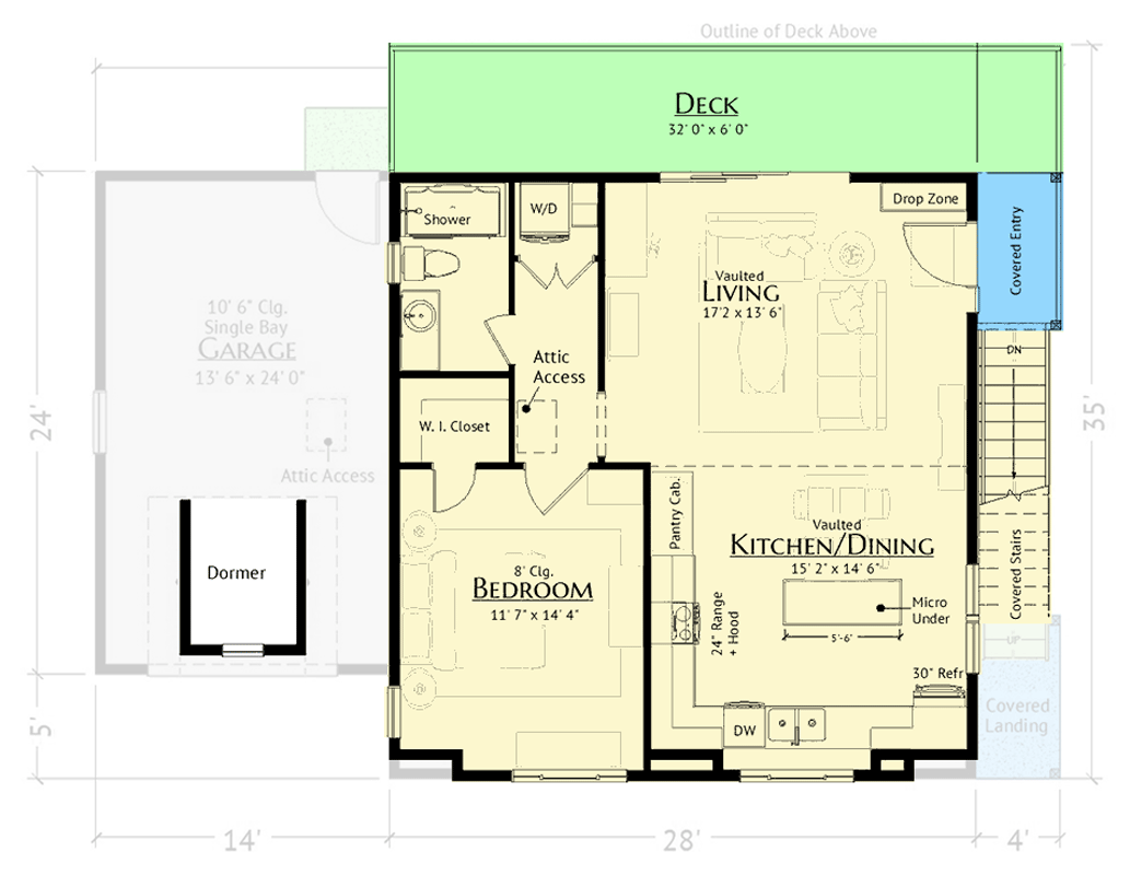 Plan 180021VNW: Charming 3-Car Garage Apartment with Vaulted Living and Covered Deck - Floor Plan - 2nd Floor - Farmhouse, Traditional
