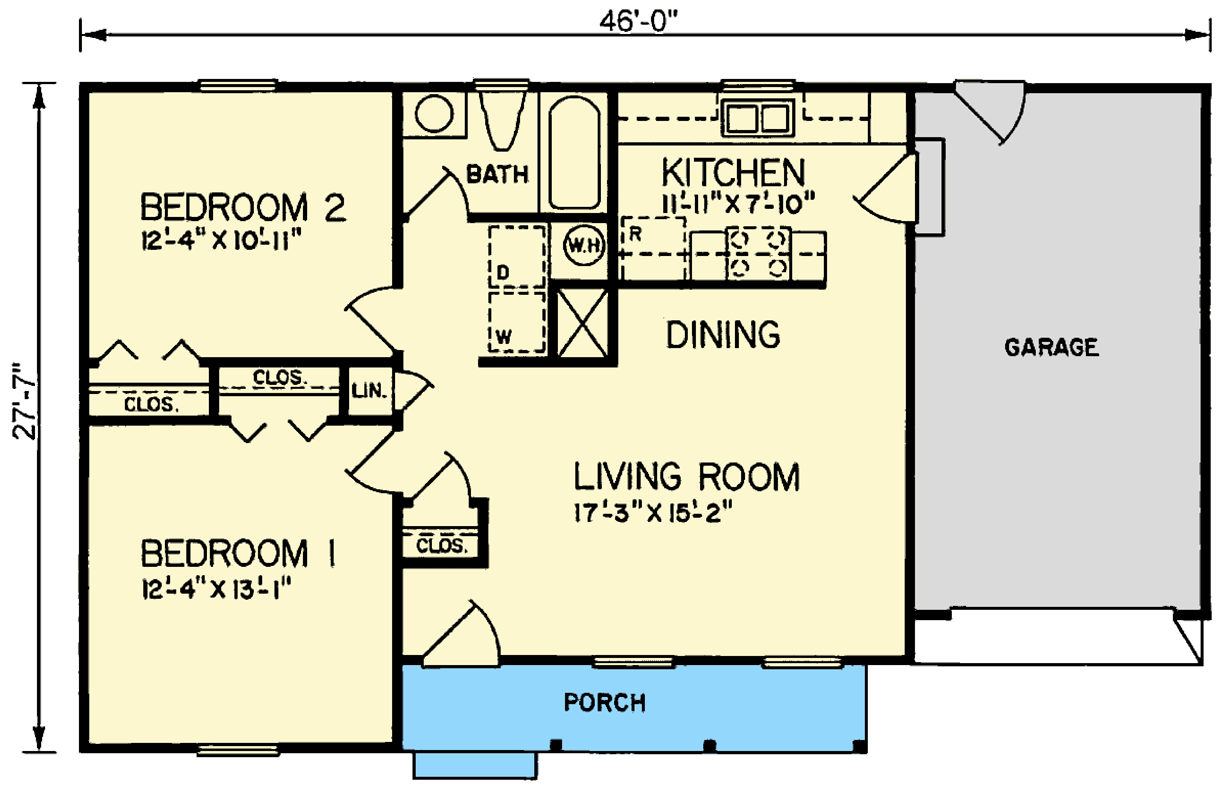 Plan 25893GE: Charming 2-Bed Cottage with Front Porch and Open Living Area - Floor Plan - Main Level - Cottage, Ranch, Southern, Traditional