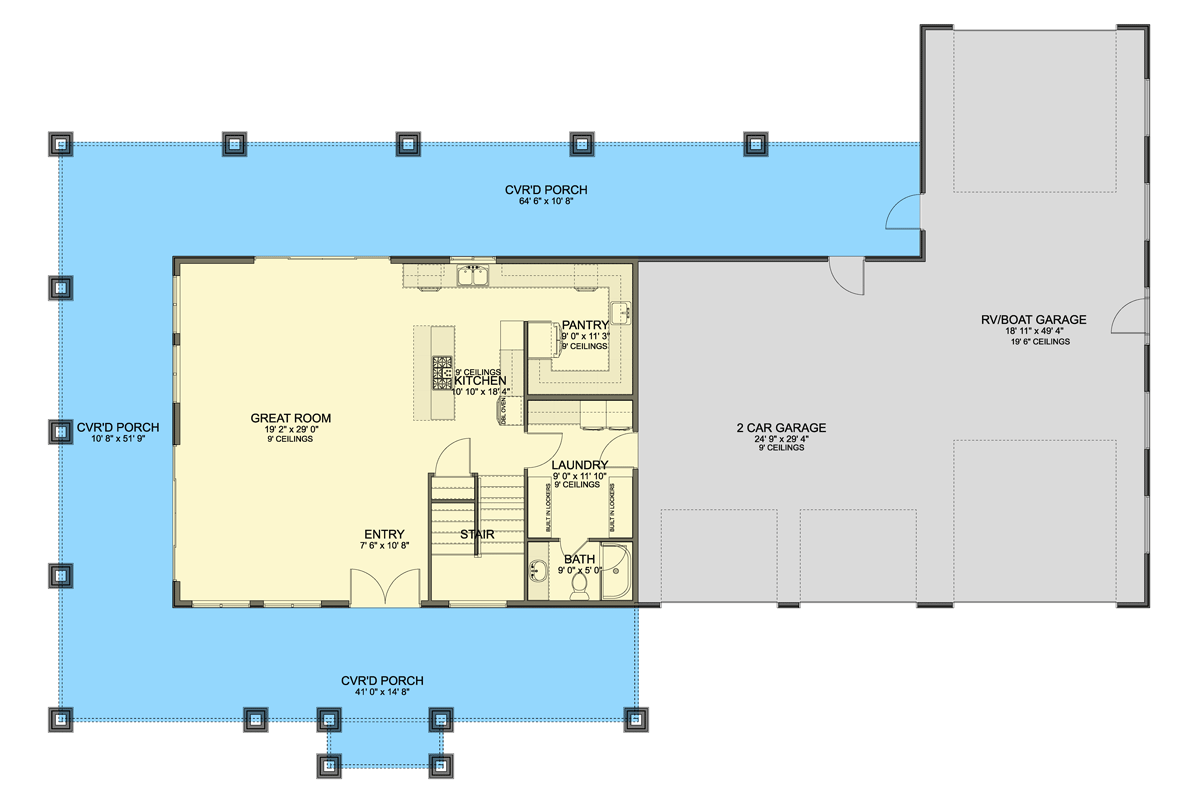 Plan 61636UT: Modern 2-Story Barndominium with Wrap Around Porch and 3-Car RV Garage - Floor Plan - Main Level - Barndominium, Modern