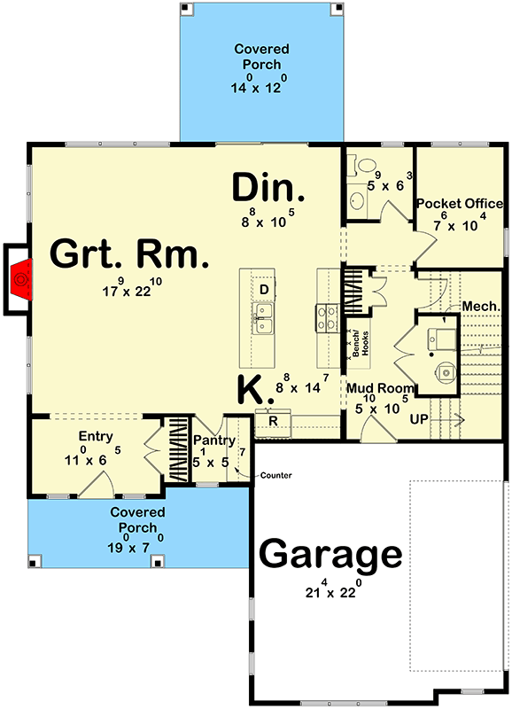 Plan 623522DJ: Two-Story Modern Farmhouse Plan with Pocket Office - 2250 Sq Ft - Floor Plan - Main Level - Farmhouse, Modern Farmhouse