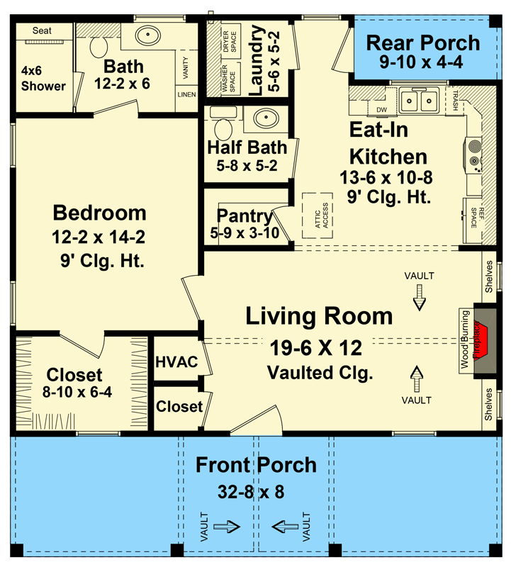 Plan 51226MM: 1-Bedroom Country House Plan with Vaulted Front Porch - 1176 Sq Ft - Floor Plan - Main Level - Cottage, Country, Mountain