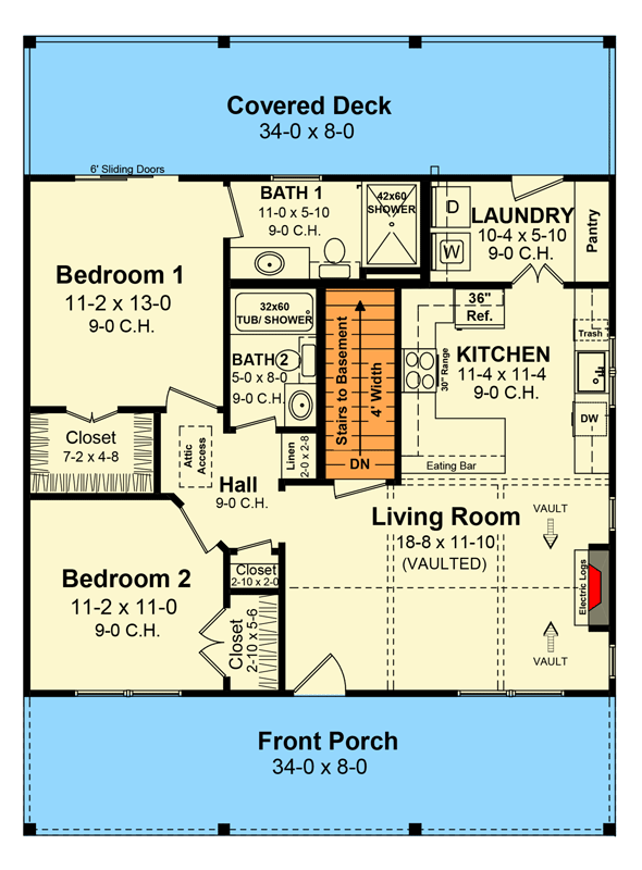 Plan 51227MM: 2-Bed Cottage Farmhouse Plan Under 1000 Sq Ft - Floor Plan - Main Level - Cottage, Country, Farmhouse