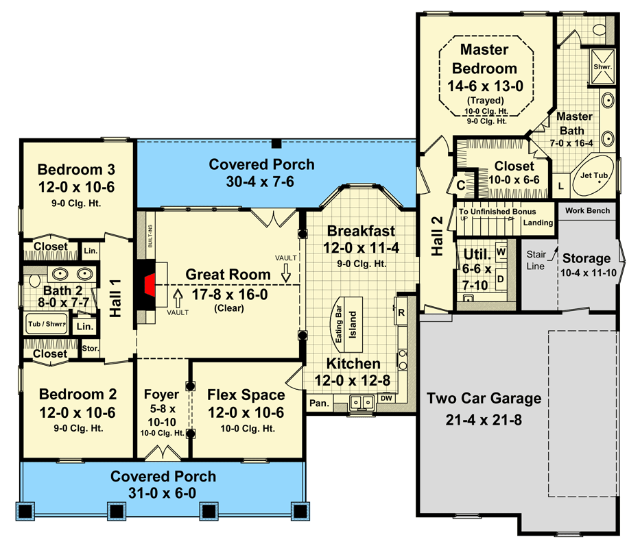 Plan 51233MM: Modern Farmhouse with Cozy Porch and Flex Space - Floor Plan - Main Level - Country, Craftsman, Farmhouse, Modern Farmhouse