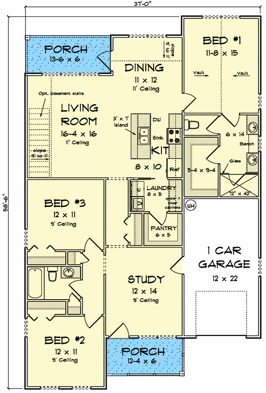 Plan 52436WM: Charming 3-Bed 2-Bath Cottage House Plan with Study and Rear Porch Retreat - Floor Plan - Main Level - Cottage, Traditional