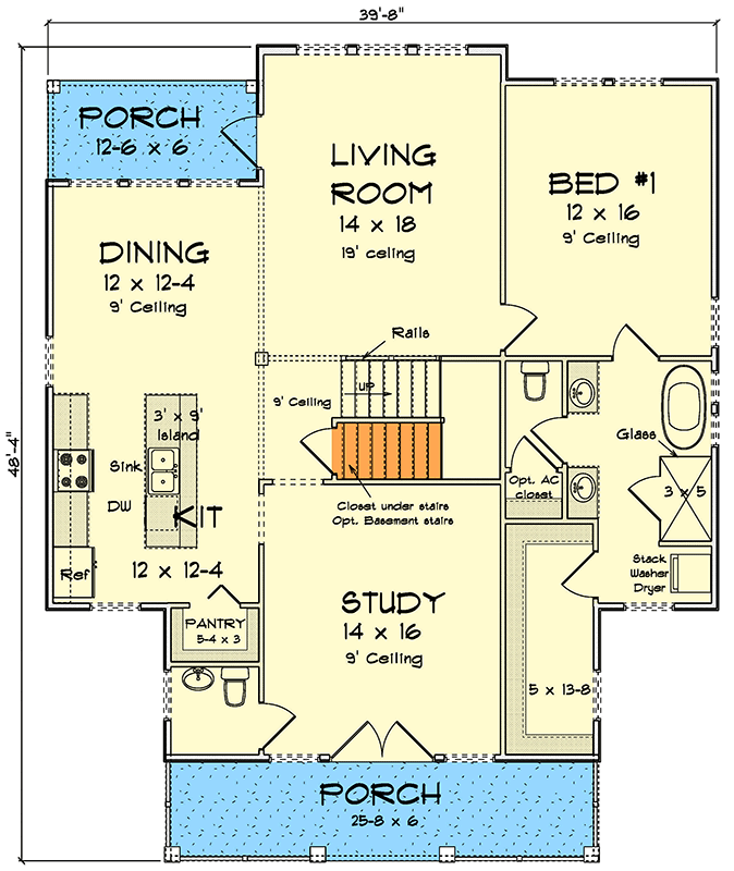 Plan 52437WM: Two-Story 4-Bedroom House Plan with Game Room and Covered Porches - Floor Plan - Main Level - Country, Farmhouse