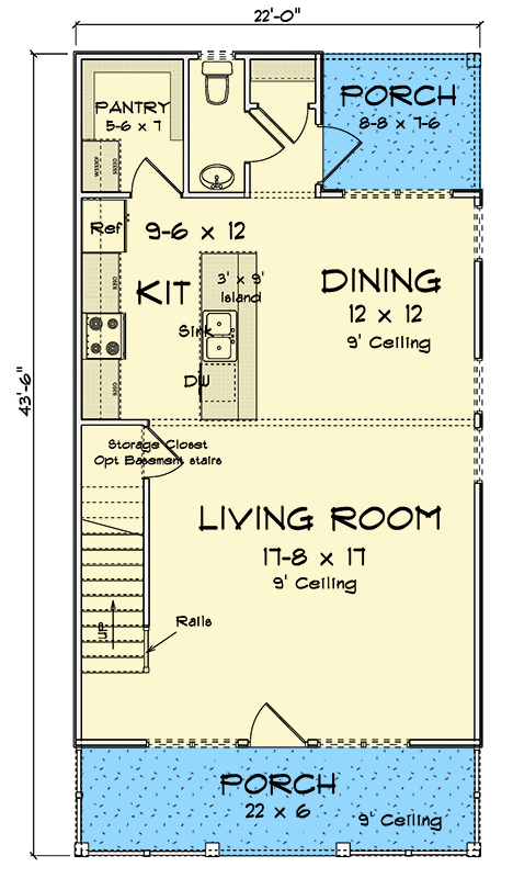 Plan 52440WM: Narrow 3-Bedroom Home with Dual Porches and Open Living - Floor Plan - Main Level - Cottage