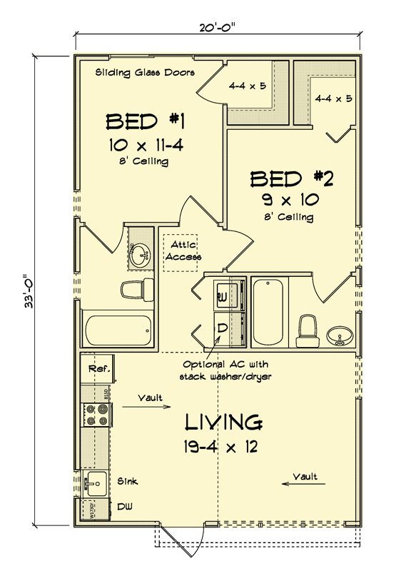 Plan 52441WM: Charming 2-Bed Cottage with Open Living and Vaulted Ceilings - Floor Plan - Main Level