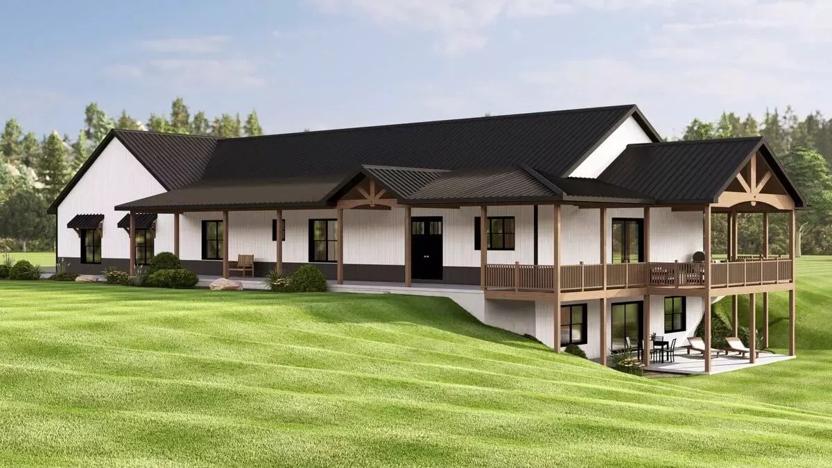 Expansive Rustic Farmhouse Ranch Walkout Home with Wrap-Around Porch & 4-Car Garage