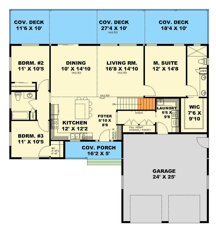 Plan 350146GH:  Cozy Ranch-Style Home with Spacious Covered Deck - Floor Plan - Main Level - Ranch