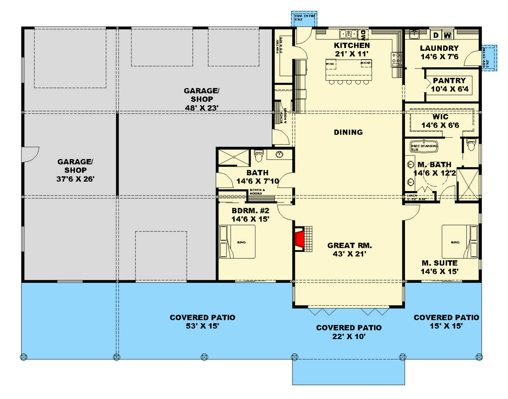 Plan 350148GH: Modern Ranch with Expansive Garage and Patio Spaces - Floor Plan - Main Level - Modern, Mountain, Ranch