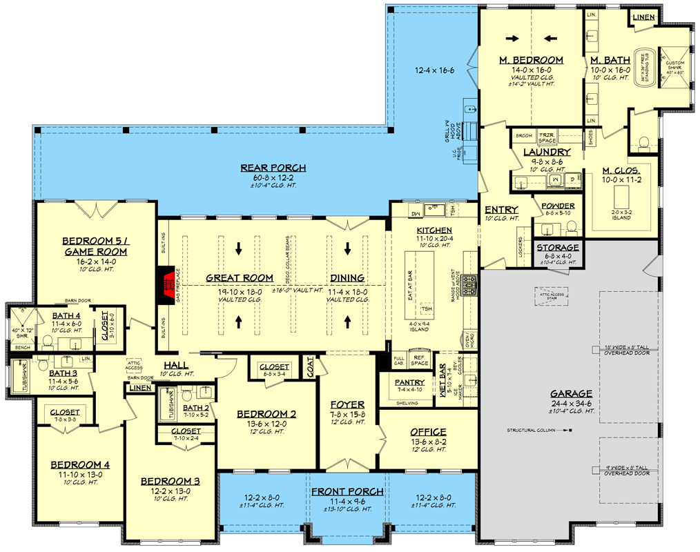Plan 52007HZ: 4 or 5 Bedroom Modern Transitional House Plan with Vaulted Living and 3-Car Garage - Floor Plan - Main Level - Modern, Southern, Transitional