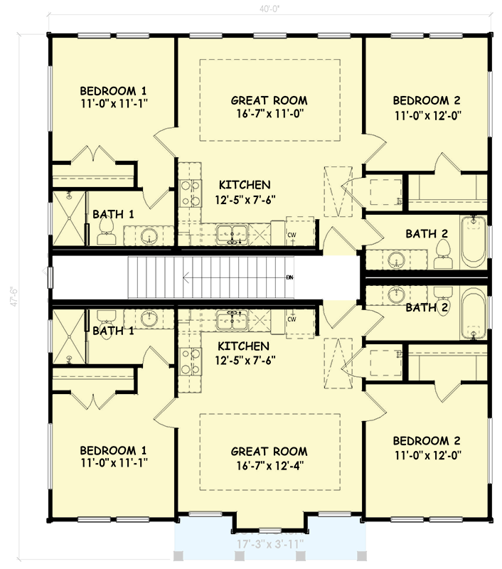 Plan 100353GHR: Compact 4-Unit Contemporary Transitional Quad Plex with 2 Beds and 2 Baths Per Unit - Floor Plan - 2nd Floor - Contemporary, Transitional