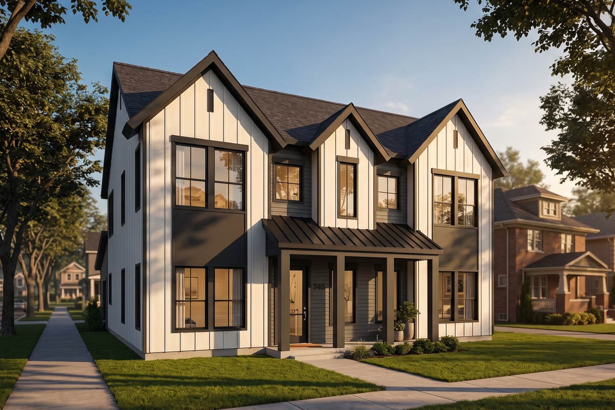 Quadplex Stack Plan 100353GHR: Compact 4-Unit Contemporary Transitional Quad Plex with ...