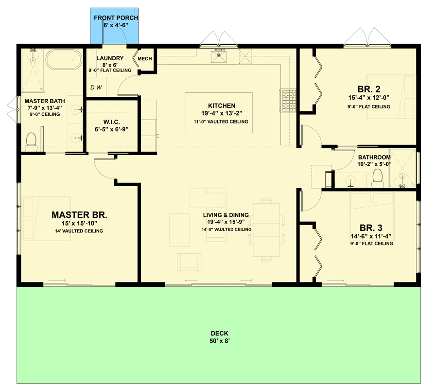 Plan 337010JUN: Sleek Modern Mountain Home with Vaulted Ceilings and Lofted Flex Space - Floor Plan - Main Level - Contemporary, Mid Century Modern, Modern