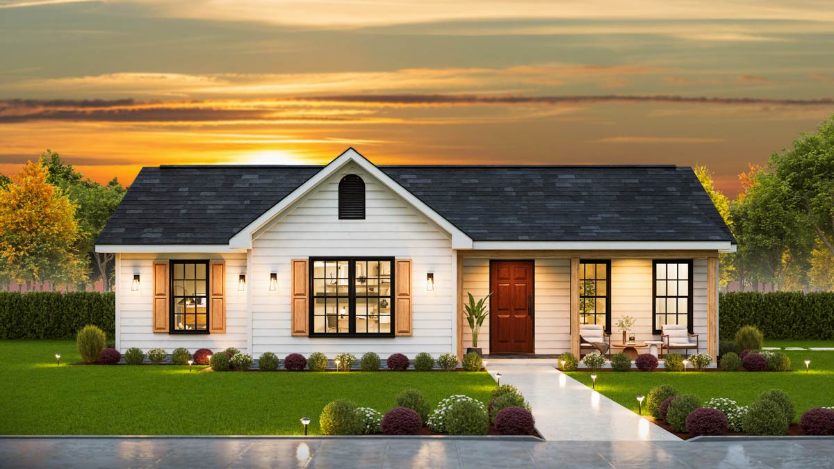 Plan 25902GE: Cozy Ranch House with Inviting Porch and Efficient Layout