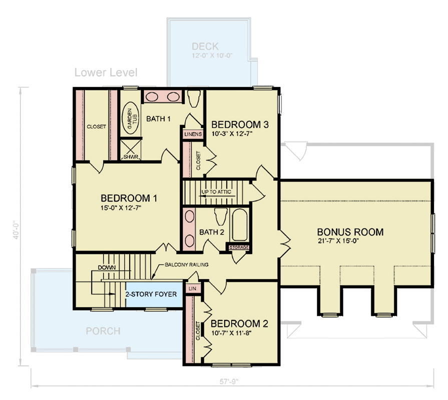 Plan 25909GE: Traditional Home Plan with Bonus Room and Inviting Porches - Floor Plan - 2nd Floor - Traditional