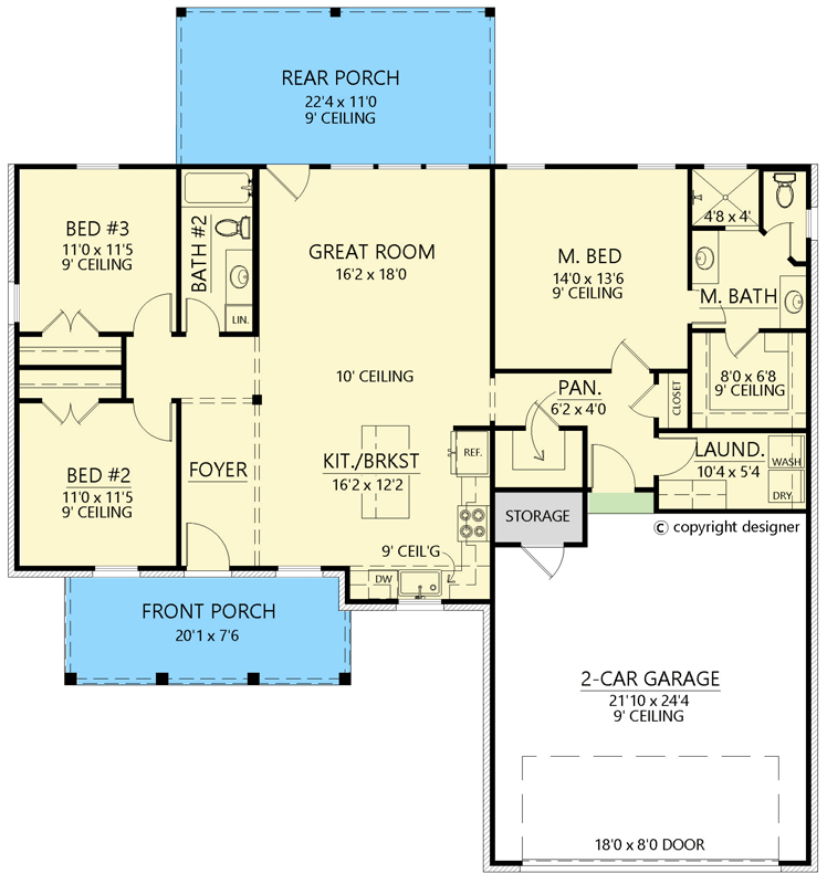 Plan 56560SM: 3-Bed Modern Farmhouse Cottage with Split-Bedroom Layout Around 1500 Sq Ft - Floor Plan - Main Level - Cottage, Country, Farmhouse, Modern Farmhouse, Traditional